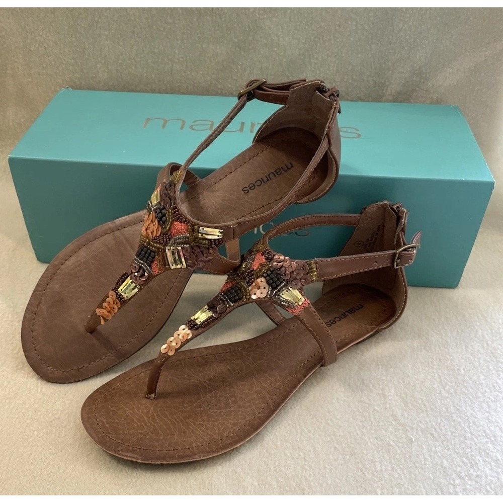 Maurices Deb Mixed Embellished Beaded Sandals Womens 8 Brown Festival Thong Boho